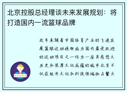 北京控股总经理谈未来发展规划：将打造国内一流篮球品牌