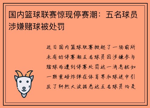 国内篮球联赛惊现停赛潮：五名球员涉嫌赌球被处罚